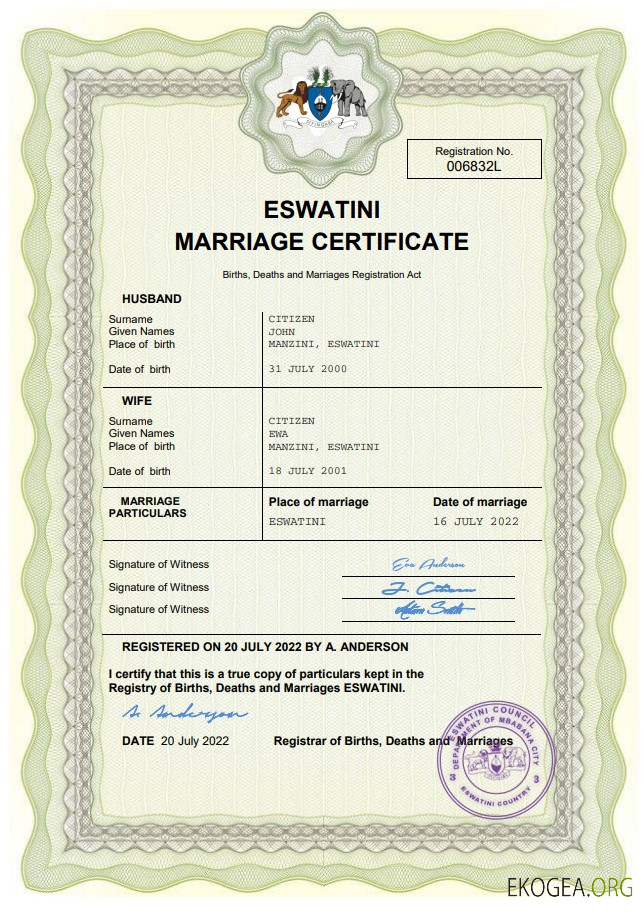 Modèle Word et PDF de certificat de mariage Eswatini
